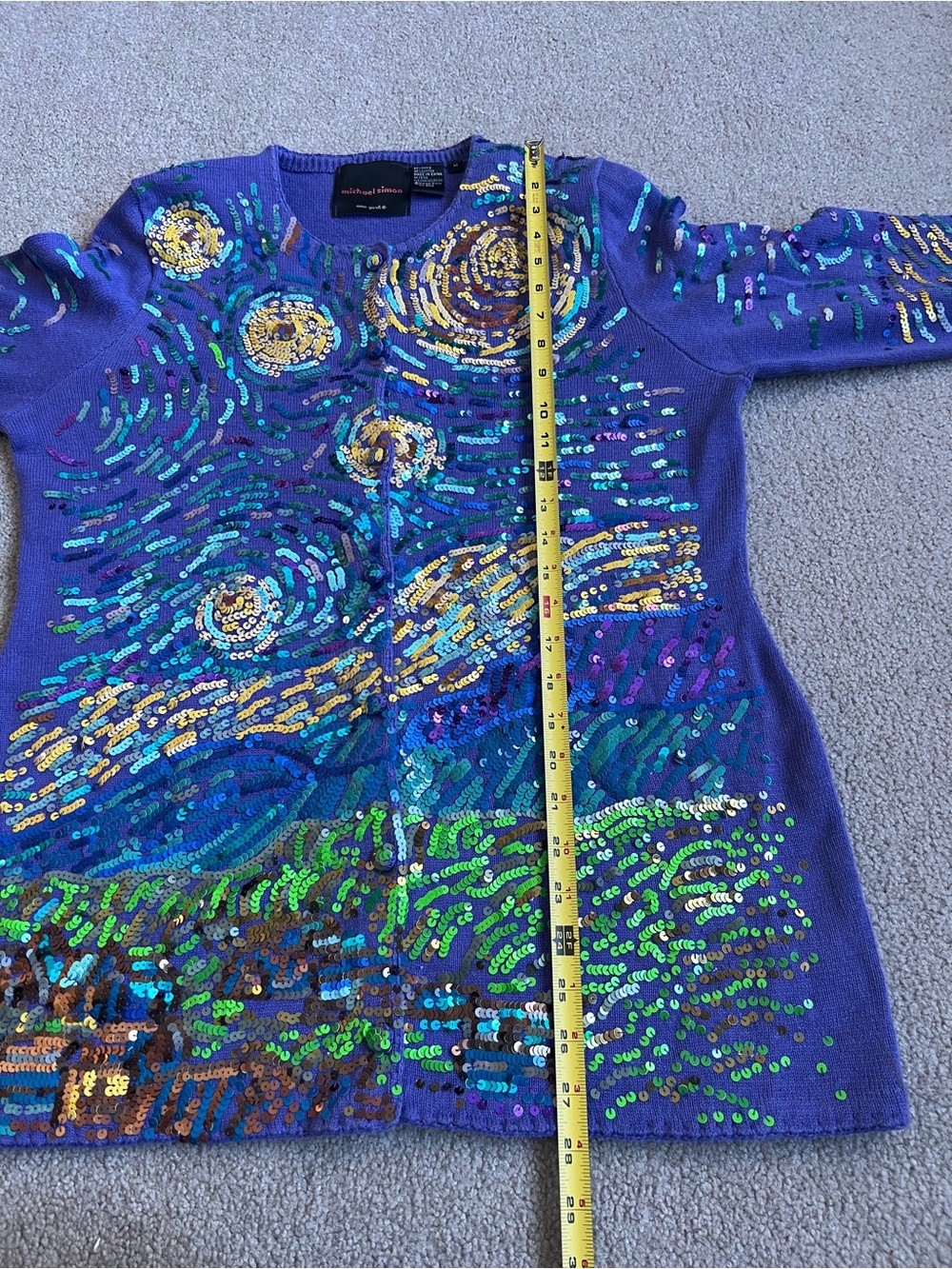 Michael Simon M Van Gogh Starry Night Sweater Cardigan Sequin Art To Wear - Picture 5 of 7